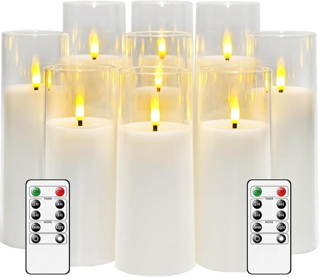 kakoya Flickering Flameless Candles Battery Operated with Remote and 2/4/6/8 H Timer Acrylic Led Pillar Candles Pack of 9 (appr D2.3"xH5.5"6.5"7.5")with Realistic 3D Wick Candles for Home Decor(White)