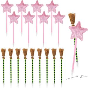 Geyoga 20 Pcs Witch Party Favors Pens Broom Star Ballpoint Pens Pink and Green Wands for Wizard Theme Party Decorations Goodie Bags Stuffers Carnival Prizes Birthday Gifts