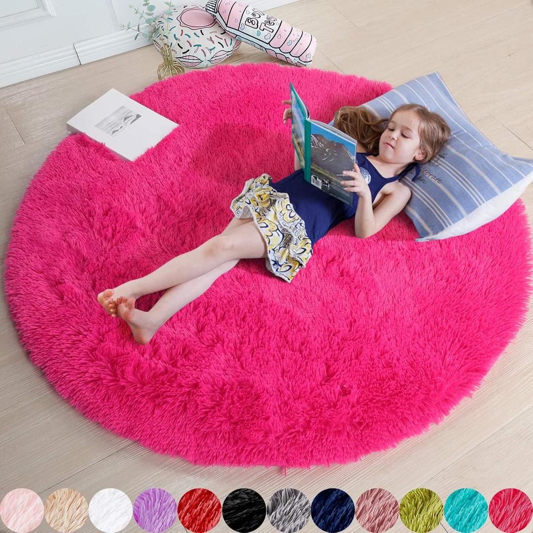 Hot Pink Round Rug 4Ft for Girls Bedroom, Fluffy Circle Area Rugs for Kids Room Decor Aesthetic, Shag Plush Fuzzy Furry Carpet for Living Room, Nursery, Dorm, Classroom, Teen, Cute Shaggy Baby Rug