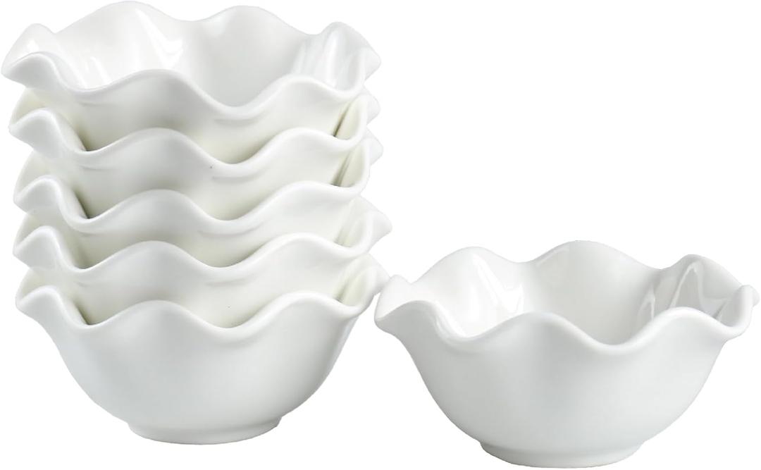 1.6 oz Porcelain Pinch Bowls, Set of 6 Wavy Small Bowls for Sauces, Dippings, Charcuterie, Condiments, Snacks