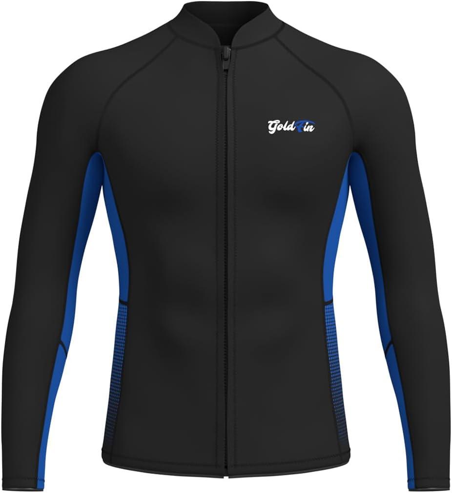 GoldFin Wetsuit Top Men, 2mm Wetsuits Jacket Long Sleeve Neoprene Tops for Water Sports Aerobics Diving Surfing Swimming (Large, Blue)