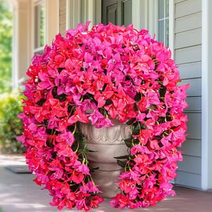 2Pcs UV Resistant Artificial Flowers for Outdoors, Realistic Faux Silk Bougainvillea Flowers, Fake Hanging Plants for Porch Patio Balcony Decoration (Rose red & Purple)