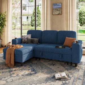 LINSY HOME Pull Out Sofa Bed Sectional Sleeper Sofa with Storage, Plush Corduroy Pullout Modular Sectional Couches for Living Room, L/U Shaped Convertible Couch Bed for Apartment (Blue)