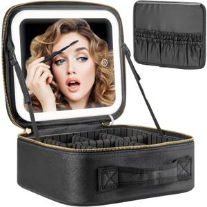Makeup Travel Train Case with Mirror LED Light 3 Adjustable Brightness Large Cosmetic Bag Portable Storage Adjustable Partition Waterproof Makeup Brushes Make up Jewelry Gift for Women (Black)