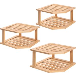 Bamboo Corner Shelf (Pack of 3), 2 Tier Plate Organizer for Cabinet and Countertop, Pantry Dish and Spice Rack for Kitchen