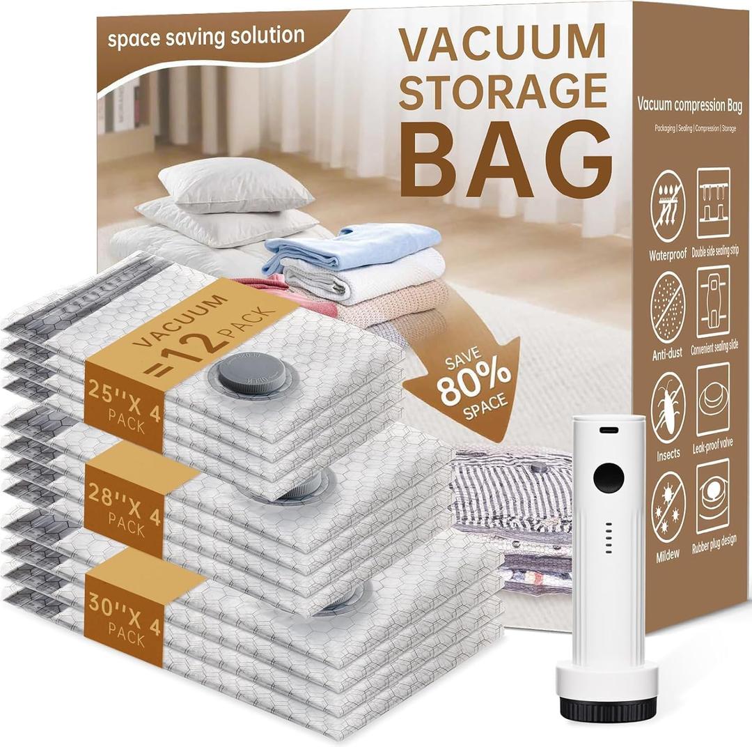 Travel Vacuum Bags for Clothing with Rechargeable Electric Pump - Portable Space Saver Bags for Travel & Home - Vacuum Compression Packing Seal for Clothes, Blankets, Seasonal Storage 12 Combo Set