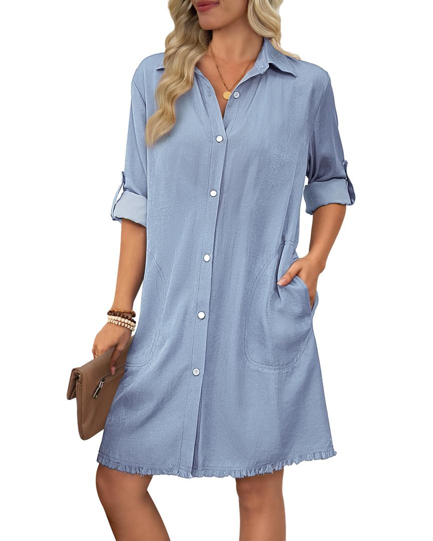 Bsubseach Women Denim Shirt Dress Long Sleeve Button Down Casual Shirt Dresses with Pockets Light Blue XXL (Blue, XXL)