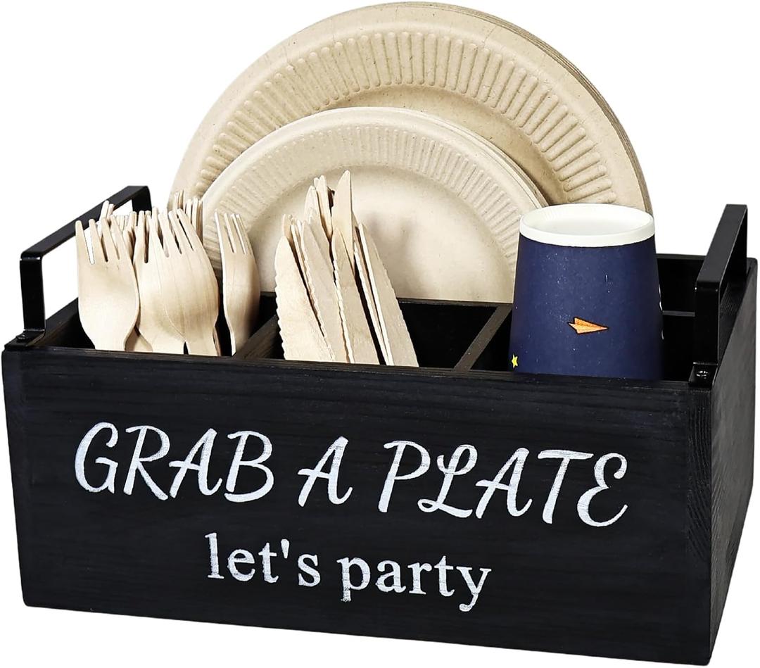 Paper Plate Holder, Utensil Caddy Organizer, Wood Paper Plate Dispenser, Silverware Caddy Holder, and Disposable Coffee Bar Accessories Box for Kitchen Counter, Party, Camping, Picnic (4 compartment)