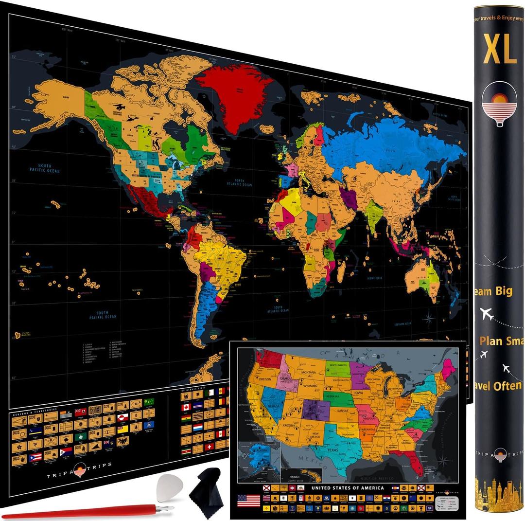 XL Scratch Off World Map with 233 Flags  36 x 24 Scratch Off Map of The World + Scratch Off USA Map  Easy to Frame World Scratch Off Map + Tools  Travel Map Wall Poster - Deluxe Gift for Travelers (BLACK)