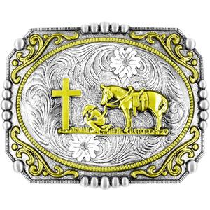 Moranse Religion Cross Cowboy Kneeling Prayer And Horse Design Belt Buckles (Square Golden)
