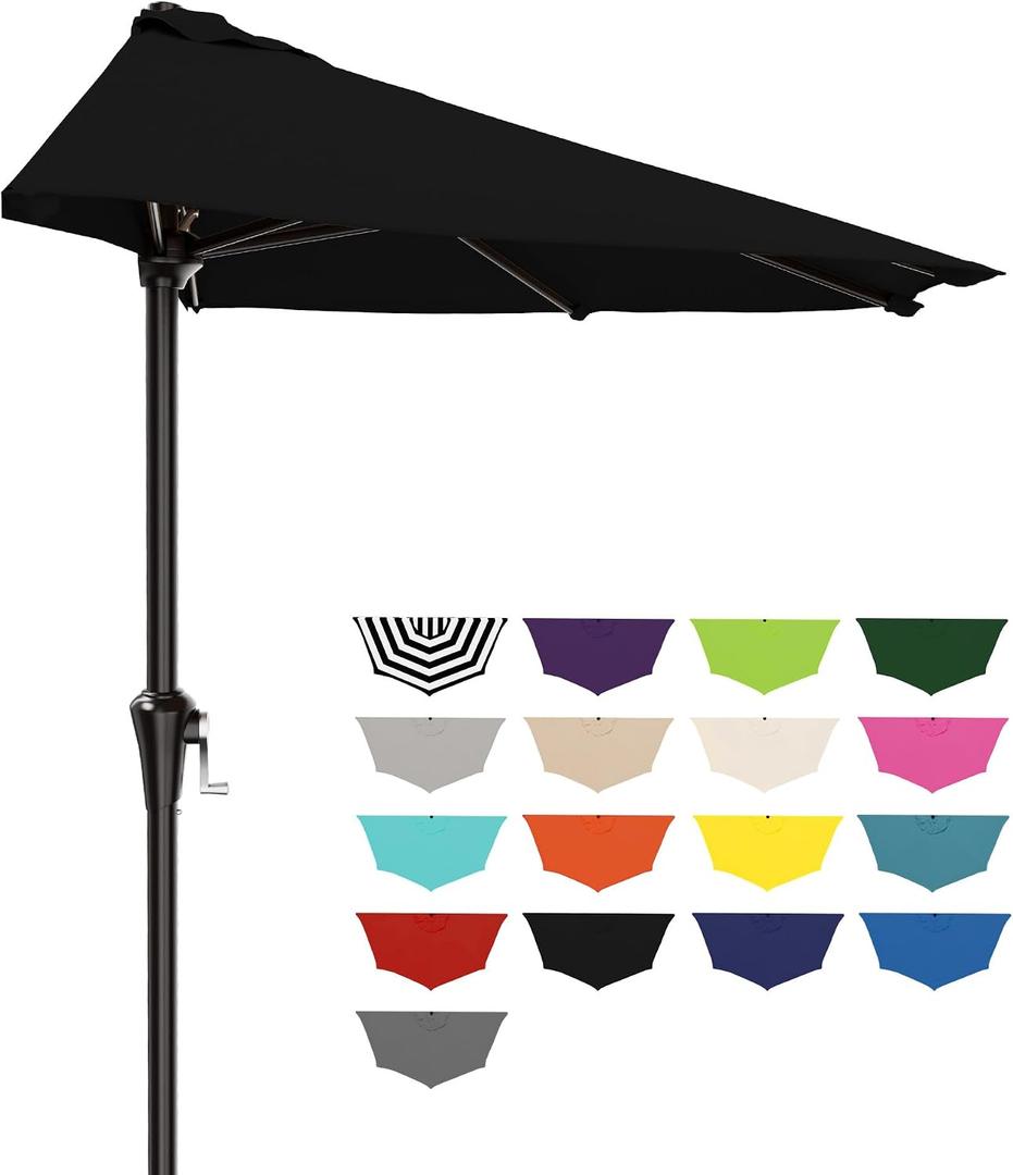 AreShark 9FT Half Patio Umbrella, Outdoor Wall Umbrella with Crank & 5 Sturdy Ribs, Table 1/2 Umbrella Patio for Garden, Deck, Balcony and Pool, Black