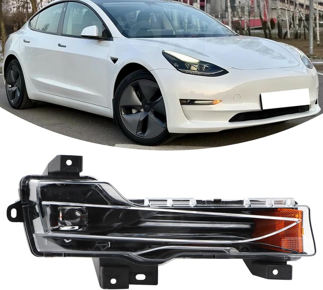 Right W/LED DR Fog Light Daytime Running Light Assembly Compatible With 2017-2023 Tesla Model 3 & 2020-2024 Tesla Model Y Right Passenger Side Bumper Front Fog Light Replacement 107739200D 107739200E