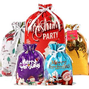 habgp 35 PCS Christmas Drawstring Gift Bags, Christmas Gift Bags with Tags & Ribbon Ties, Assorted Sizes for Xmas Holiday Present Wrapping & Festival Party Supplies Favor, Large Medium Small