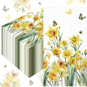 Peryiter 100 Pcs Spring Floral Daffodils Paper Napkins 13 x 15.7 Inch Yellow Daffodils Disposable Guest Napkins Watercolor Flower Hand Towel for Bathroom Spring Wedding Birthday Dinner Party Supplies
