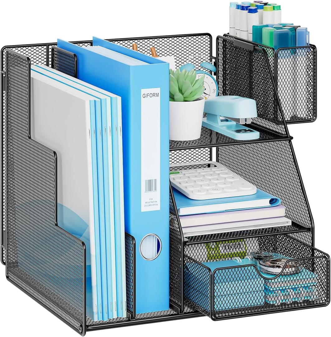 Marbrasse Desk Organizer and Accessories, 3-Tier File Organizer with Drawer and Pen Holder, Small Desktop Organizer and Storage for Workspace Office Supplies Black