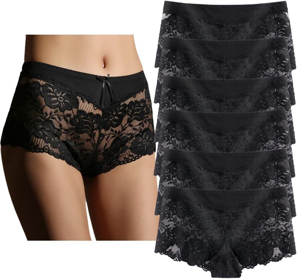 Women's Underwear Regular & Plus Size Panties Lace Boyshort Hipster Cheeky Panty- 6 Pack (Large)