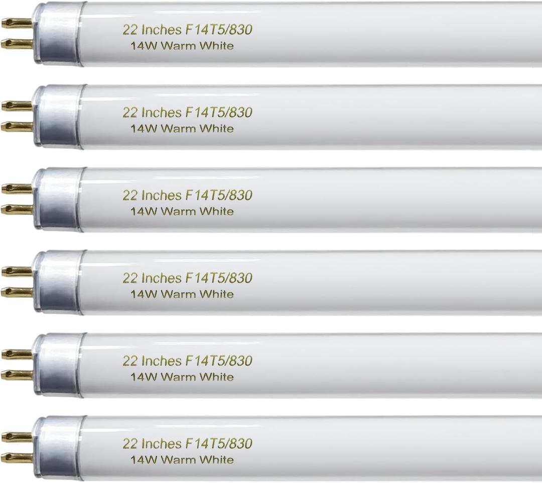 22 Inch T5 Fluorescent Light Bulb 14 Watt F14T5/WW Compatible with Sylvania Satco Philips GE Under Cabinet Lamp Light 3000K Warm White 800 Lumen G5 Base 6 Count