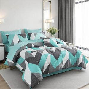 Bedbay Teal and Grey Comforter Set 8 Pieces King Size Bed in a Bag Geometric Chevron Teal Comforter Set with Sheets Soft Lightweight Bed Set Western Bedding