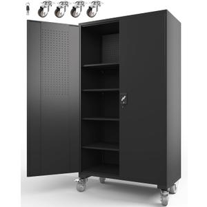 Large Metal Cabinet Two Lockable Doors Four Wheels,Four Adjustable Dividers Can Be Used As Tool File Storage Suitable For Garages Schools Gyms Offices (Black)
