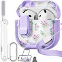with Safety Lock for Apple AirPods 4 Case,Clear Floral Cute AirPod 4th Generation Case with Phone Stand & Cleaning Kit for Women Girly-Purple Narcissus