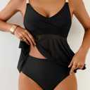 Aidonger Women Crisscross Tankini Swimsuit Two Piece High Waisted Tummy Control Swimwear Mesh Tie Back Bathing Suit (Black, M)