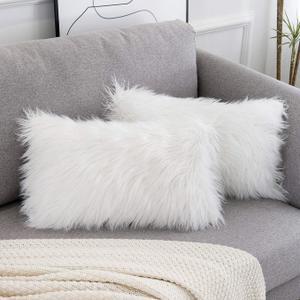 WLNUI Set of 2 White Decorative Lumbar Fluffy Pillow Covers New Luxury Series Merino Style Faux Fur Throw Pillow Covers Fuzzy Cushion Case Spring Home Decor 12x20 Inch