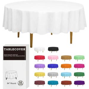 D&Z Plastic Table Cloth Disposable, 12 Pack White Round Tablecloth Individually Wrapped for Indoor & Outdoor, 84 Inch Table Cover for Party, Picnic, Birthday, Wedding & Dinner