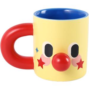 Clown Ceramic Mug, 10 oz Yellow Funny Face Coffee Cup with Blue Interior & Red Handle