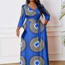 Runwind Plus Size Maxi Dresses for Curvy Women, 3/4 Sleeve V Neck Long Printed Dress with Belt Casual Dress with Pockets (Blue, XXL)