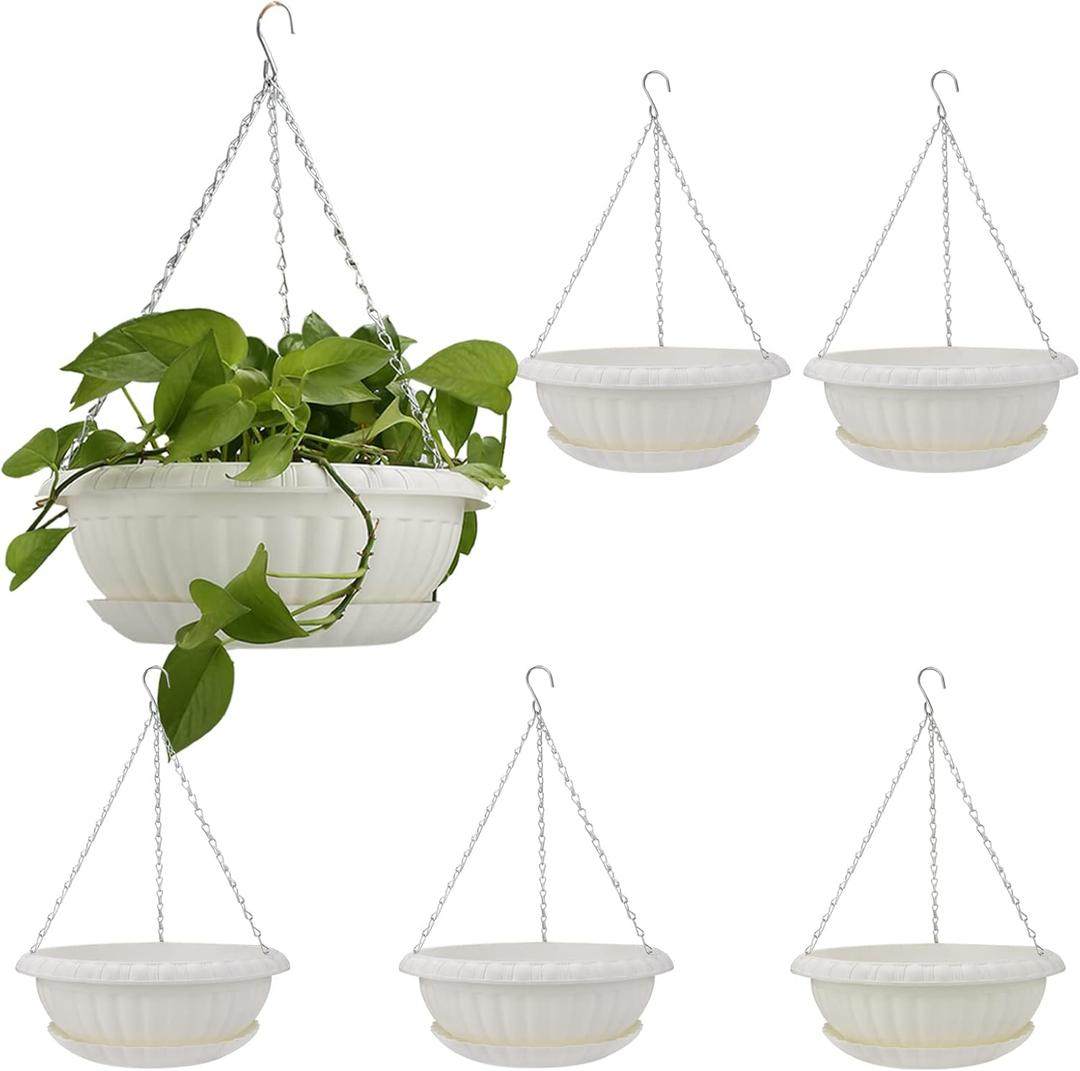 6pcs 10.63" Hanging Pots for Indoor & Outdoor Plants, Plastic Hanging Flower Baskets with Drainage Hole Tray & Chains, White Color