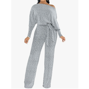 ZonJie Jumpsuits for Women Elegant Sexy Sparkly Sequin Off Shoulder Pants Long Sleeves Wide Leg Clubwear Rompers, Medium