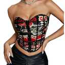 SHENHE Women's Y2K Strapless Corset Bustier Top Open Back Graphic Bandeau Summer Festival Rave Crop Tops Black and Red L