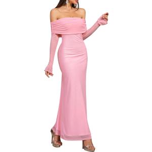 KUTUMAI Women Off Shoulder Bodycon Maxi Dress Long Sleeve Mesh Ruched Party Formal Wedding Guest Dresses (Pink, M)