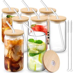 CWHHRN Glass Cups with Lid and Straw, 16oz Beer Glasses Glass Coffee Cups, Iced Coffee Cups with Lid, Glass Tumbler with Straw and Lid (8 PACK)