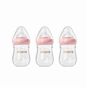 Oberni Glass Baby Bottles,Anti Colic Breastfeeding Bottle with Natural Response Nipple Size S,Wide Neck Slow Flow Baby Bottle for Baby,Newborn,Preemie 0-3 0-6 Month,BPA Free (Pink, 5 Ounce3 Pack)