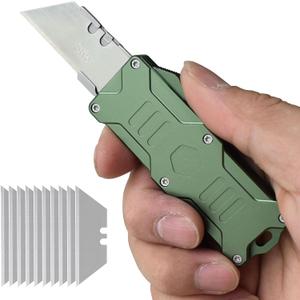 Switch Blades Knife Push Button, Aviation Aluminum EDC Box Cutter Retractable, Utility Knife Double Action Automatic, With 10pcs SK5 Blade Assisted Opening Pocket Knife With Clip (Green)