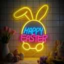Easter Decorations LED Neon Sign - Happy Easter&Rabbit&Egg Window Lights,USB Power Neon Lamp Home Party Indoor Outdoor Wall Bunny Decor,Light Up Sign for Bedroom,Easter Birthday Party Decorations