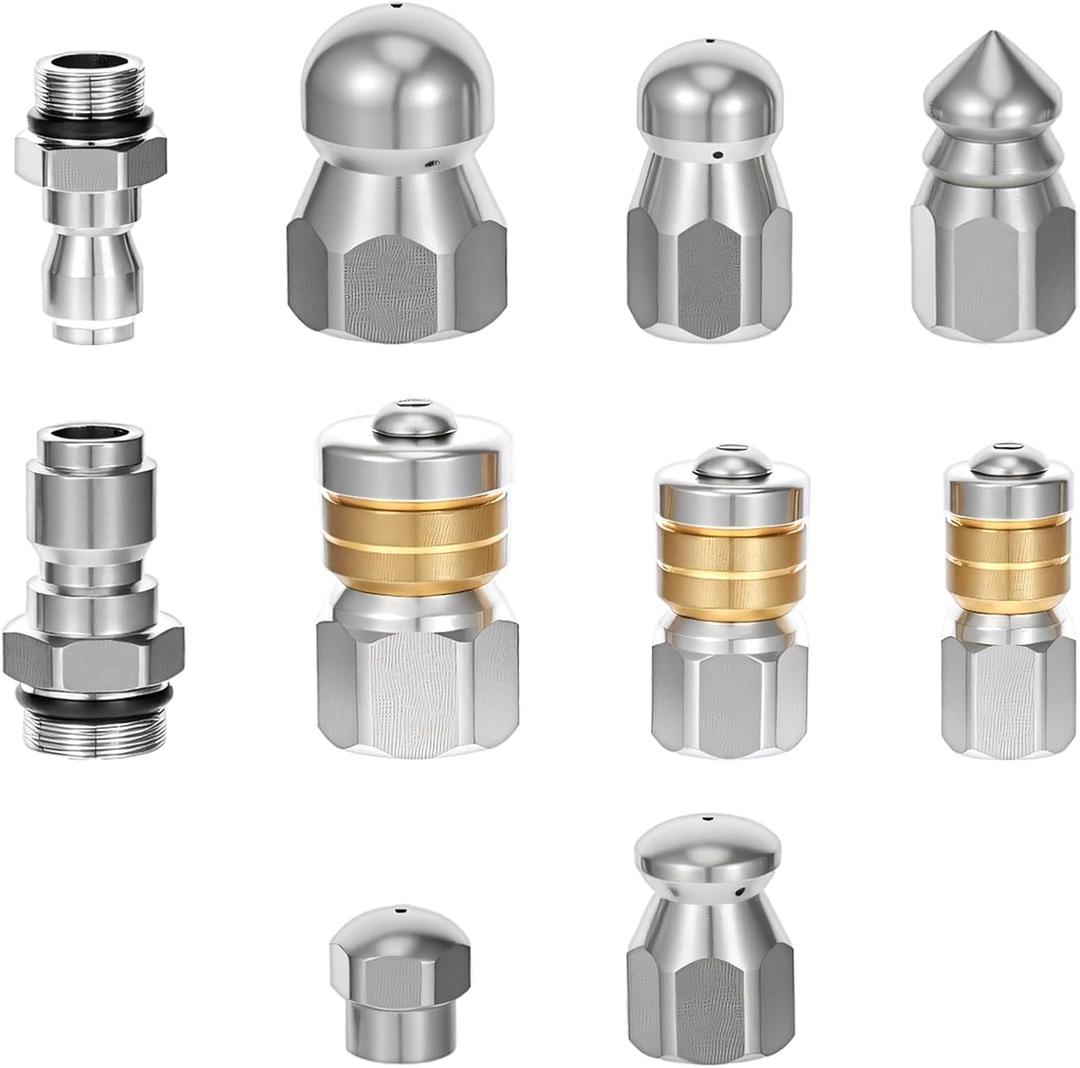 10 Pcs Sewer Jetter Nozzle Kit Stainless Steel Jetter Heads Kit otating Button Drain Cleaning Nozzle Tips for Pressure Washer, 1/4" & 3/8" NPT Quick Connectors Drain Cleaning Tips 5000 PSI
