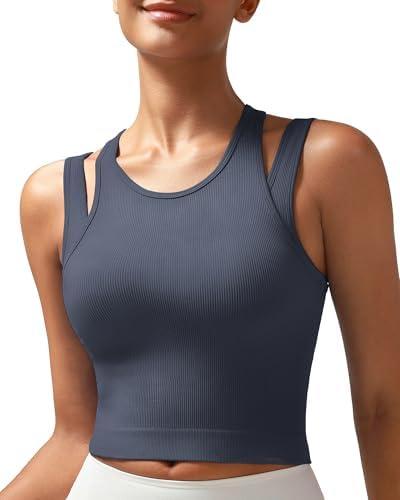RUNNING GIRL Sports Bras for Women High Impact Seamless Ribbed Longline High Neck Workout Crop Tank Tops Padded Medium