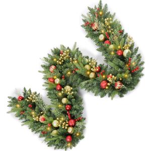 9FT Artificial Christmas Prelit Garland with 50 White Light, Pulg in, Pine Cones, Gold and Red Ball, Red Berris Mantle for Indoor Holiday Door Home Decorations Stairs Fireplaces Wall