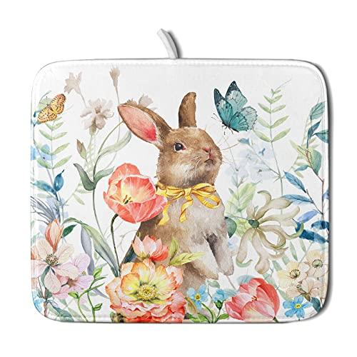 Floral Bunny Dish Drying Mat for Kitchen 16 X 18 Inch Spring Garden Butterfly Flowers Rabbit Dry Dishes Pads Mats Absorbent Countertops Counter Tableware Mat Protector Home Easter Decorations