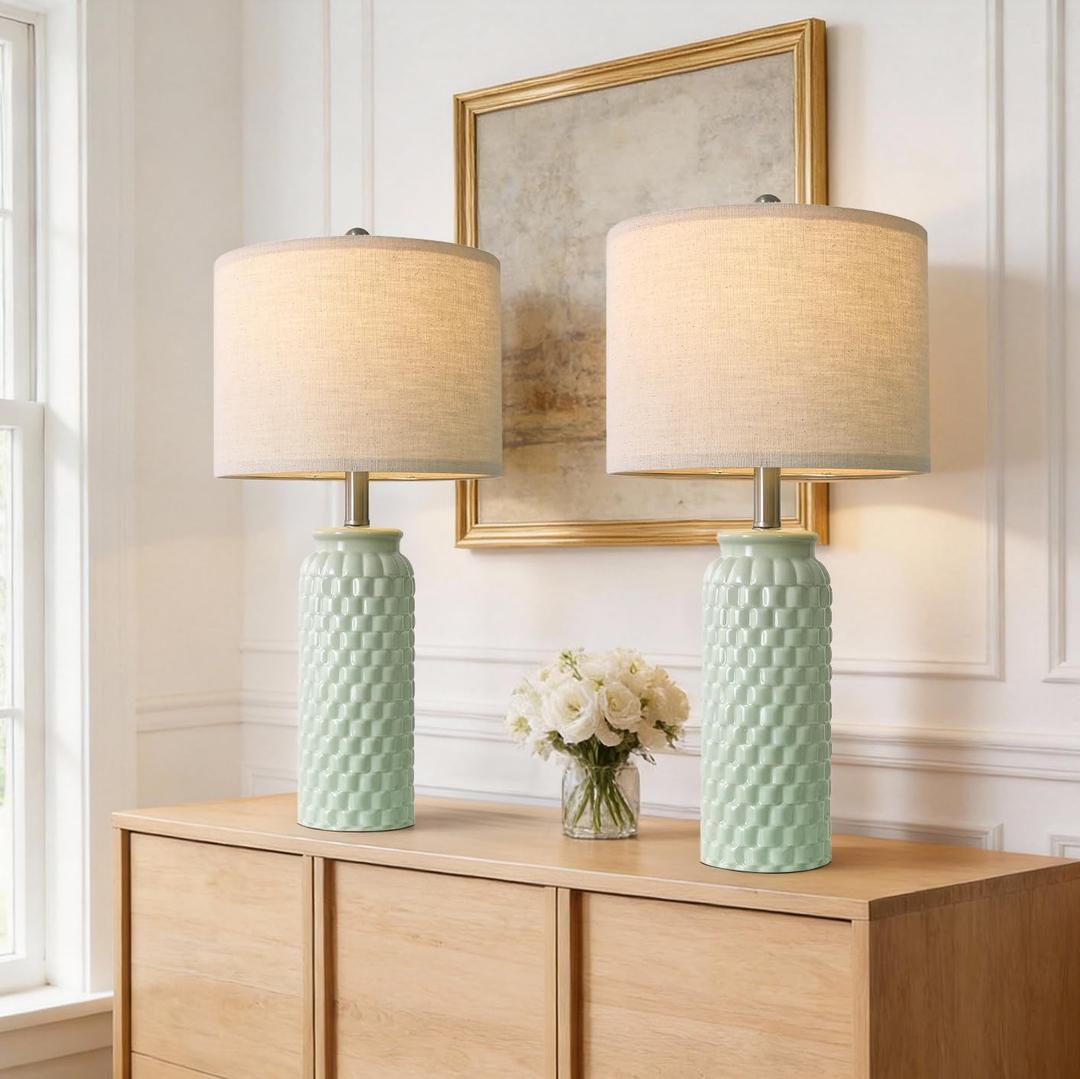24" Modern Ceramic Green Bedside Lamp Set of 2 Table Lamp for Bedroom Decor Farmhouse Table Lamp for Living Room Office Dorm (24" Large Creen-2 Pack)