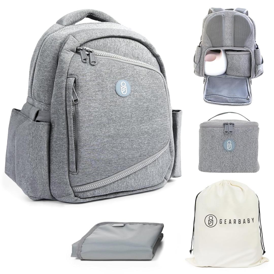 Gear Baby Breast Pump & Diaper bag Compatible with Spectra S1, S2, Medela, Neoprene Wearable Baby Breast Milk cooler Travel Diaper Bag Backpack for Working Mom and Family with Changing Pad (Grey)
