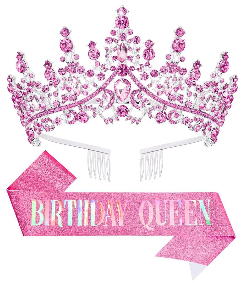 Birthday Tiara Crown with Sash for Women, Headband Hair Accessories for Wedding Party Costume Pink