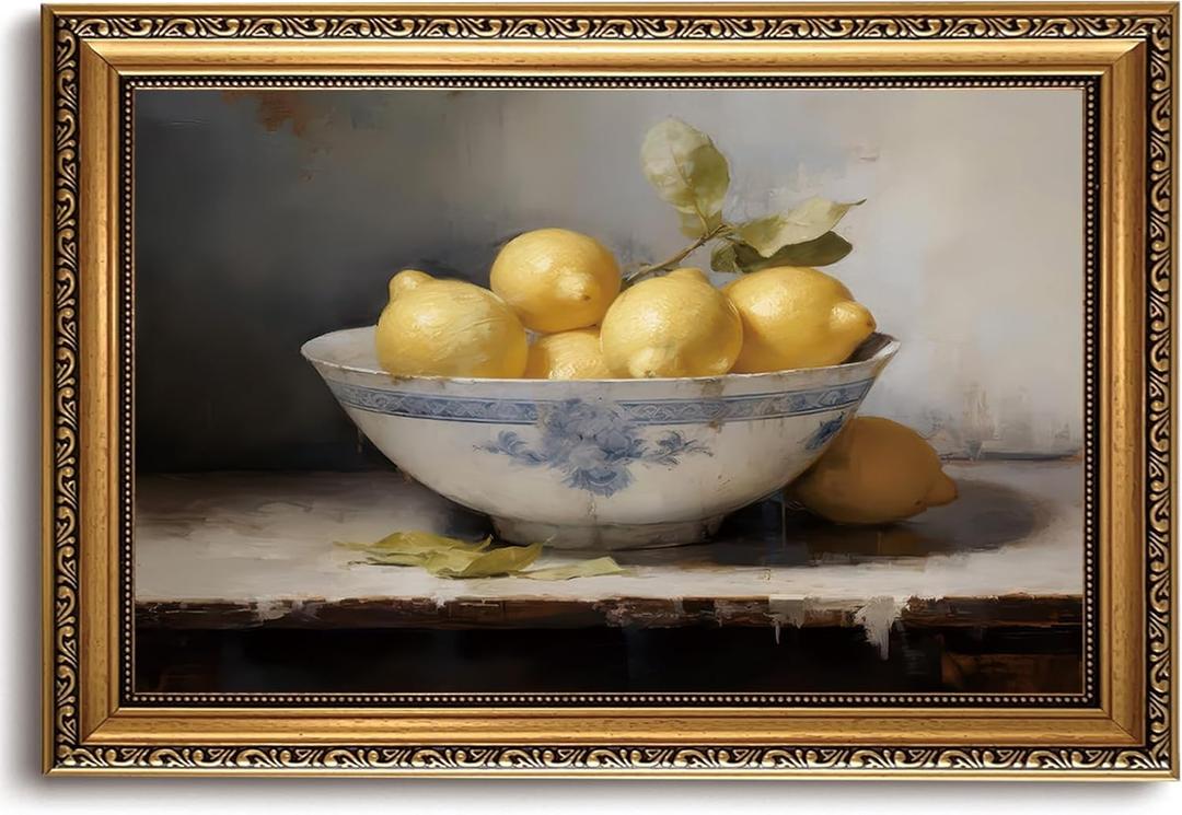 LHHJDIO Vintage Gold Framed Wall Art Farmhouse Lemons Canvas Wall Art Antique Still Life Fruit Picture Wall Decor Rustic Kitchen Art Prints for Dining Room 16"x24"