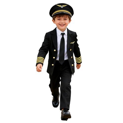 KIDIN Deluxe Pilot Costume for Boys Airline Captain Pilot Uniform for Kids Career Day Pilot Party Halloween Birthday Gifts, Toddler(3-4 Years）