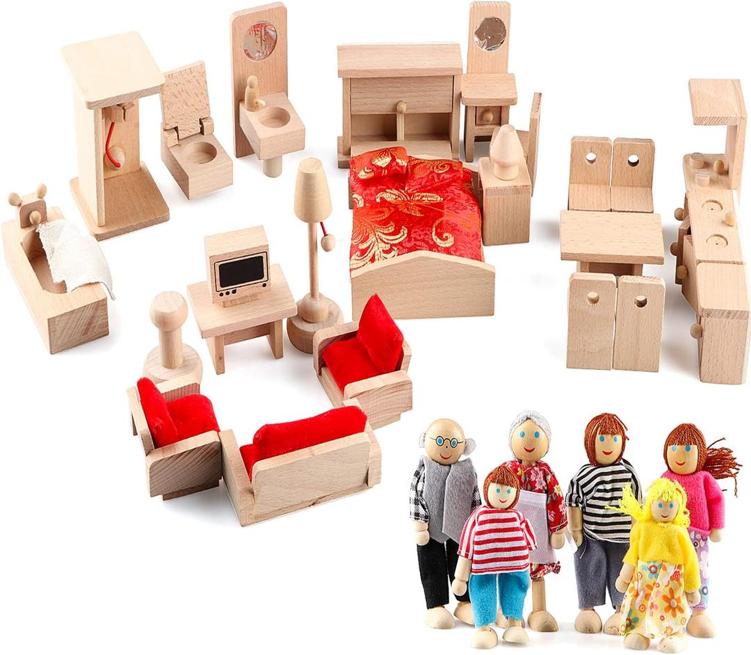 5 Set Dollhouse Furniture Accessories Wooden Bathroom/Living Room/Dining Room/Bedroom/Kitchen House 6 Family Doll Decoration Pretend Play Kids Christmas Birthday Gifts for Girls Toys 40 Pcs