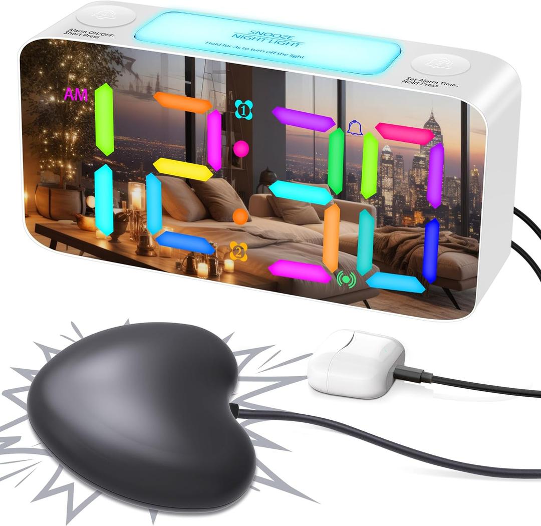RGB Extra Loud Alarm Clock for Heavy Sleeper Hearing Impaired Deaf Bedroom, Vibrating Alarm Clock with Bed Shaker, 15-Color Modes/ 7" Large Mirror Display/ 4 Dimmer, Night Light, USB Charger, Battery Backup