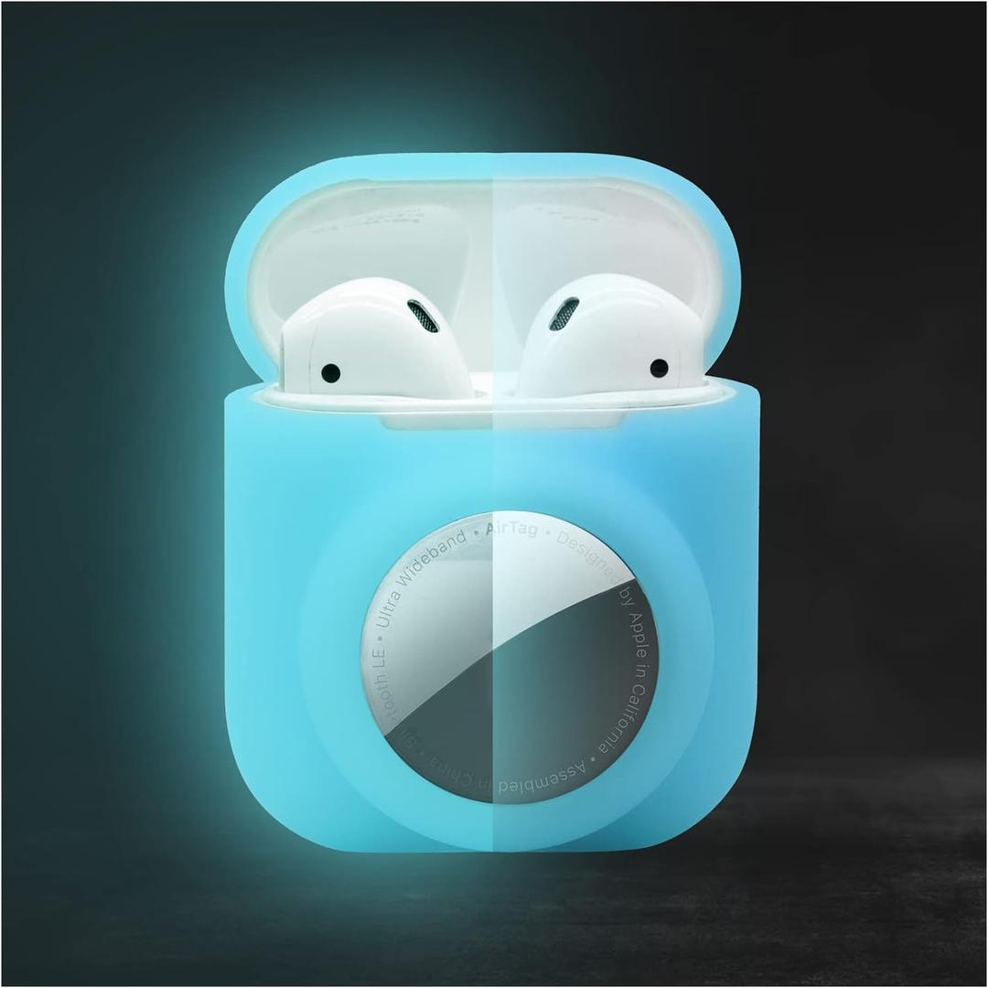 Compatible for Airpods 1st 2nd Case with Airtag Holder,Glow in The Dark,2 in 1 Cover Skin for Airpod for Airtag Combo,Anti-Scratch Anti-Fall Anti-Lost,Glow Blue