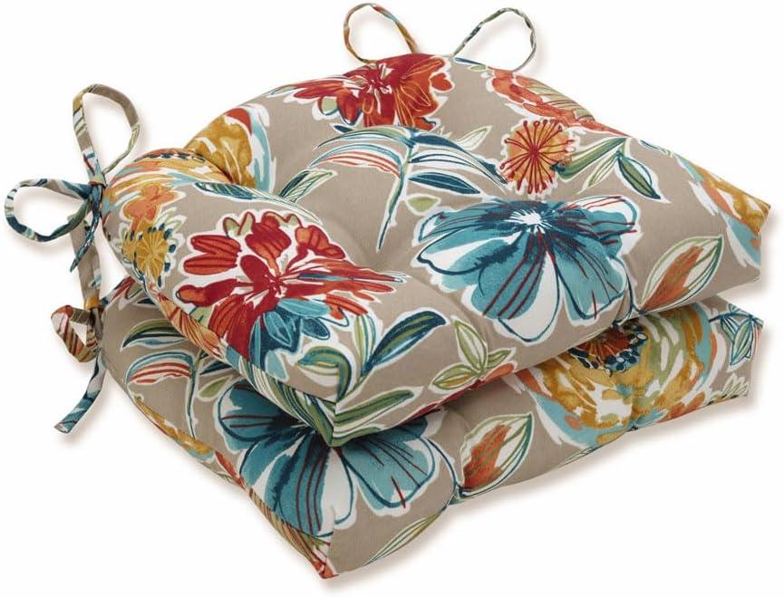 Pillow Perfect Bright Floral Indoor/Outdoor Tufted Wicker Seat Cushion With Ties, 2 Count, 17" x 17.5", Tan/Blue Colsen